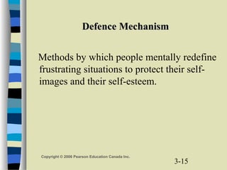 3-15
Copyright © 2006 Pearson Education Canada Inc.
Defence MechanismDefence Mechanism
Methods by which people mentally redefine
frustrating situations to protect their self-
images and their self-esteem.
 