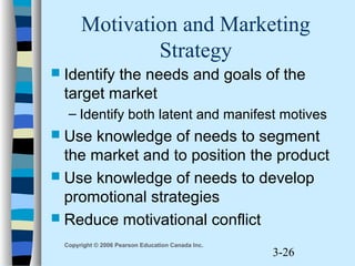 3-26
Copyright © 2006 Pearson Education Canada Inc.
Motivation and Marketing
Strategy
 Identify the needs and goals of the
target market
– Identify both latent and manifest motives
 Use knowledge of needs to segment
the market and to position the product
 Use knowledge of needs to develop
promotional strategies
 Reduce motivational conflict
 