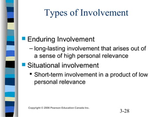 3-28
Copyright © 2006 Pearson Education Canada Inc.
Types of Involvement
 Enduring Involvement
– long-lasting involvement that arises out of
a sense of high personal relevance
 Situational involvement
 Short-term involvement in a product of low
personal relevance
 