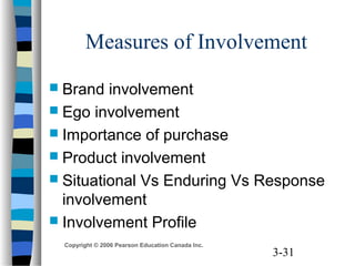 3-31
Copyright © 2006 Pearson Education Canada Inc.
Measures of Involvement
 Brand involvement
 Ego involvement
 Importance of purchase
 Product involvement
 Situational Vs Enduring Vs Response
involvement
 Involvement Profile
 