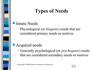 3-5
Copyright © 2006 Pearson Education Canada Inc.
Types of Needs
 Innate Needs
– Physiological (or biogenic) needs that are
considered primary needs or motives
 Acquired needs
– Generally psychological (or psychogenic) needs
that are considered secondary needs or motives
 