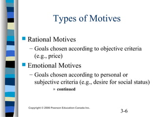 3-6
Copyright © 2006 Pearson Education Canada Inc.
Types of Motives
 Rational Motives
– Goals chosen according to objective criteria
(e.g., price)
 Emotional Motives
– Goals chosen according to personal or
subjective criteria (e.g., desire for social status)
» continued
 