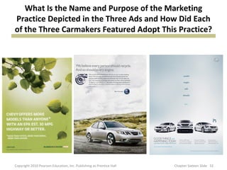 What Is the Name and Purpose of the Marketing
Practice Depicted in the Three Ads and How Did Each
of the Three Carmakers F...