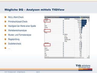 Mögliche DQ – Analysen mittels TIQView

        NULL-Wert-Check
        Primärschlüssel-Check
        Häufigkeit der Werte einer Spalte
        Wertebereichsanalyse
        Muster- und Formatanalyse
        Regelprüfung
        Dublettencheck
        …




© 2011 TIQ Solutions GmbH • All Rights Reserved.   Seite 12
 