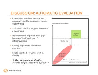 DISCUSSION: AUTOMATIC EVALUATION
• Correlation between manual and
  automatic quality measures reveals
  quality gap      ...