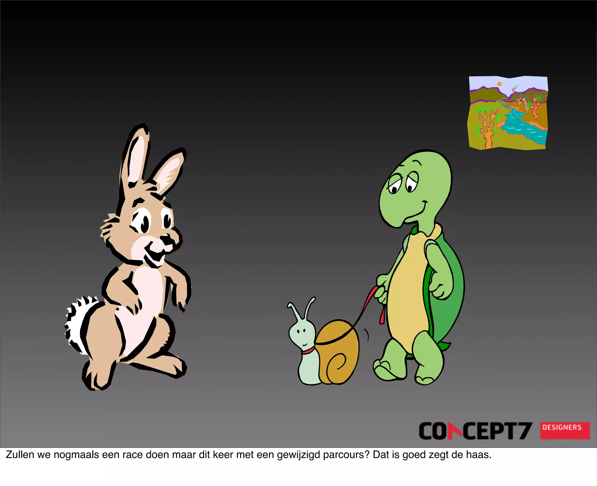 Zullen we nogmaals een race doen maar dit keer met een gewijzigd parcours? Dat is goed zegt de haas.
 