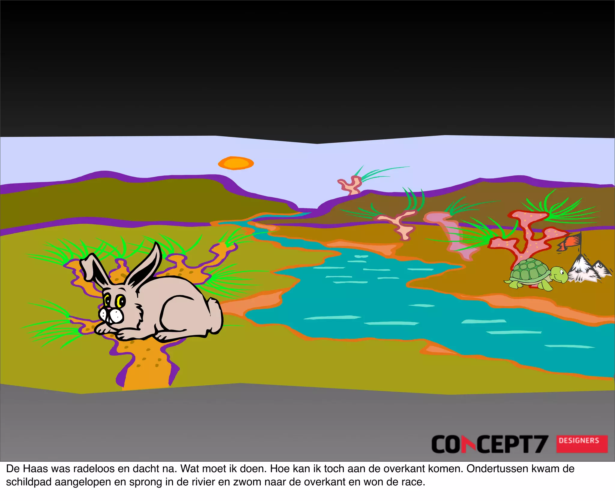 De Haas was radeloos en dacht na. Wat moet ik doen. Hoe kan ik toch aan de overkant komen. Ondertussen kwam de
schildpad aangelopen en sprong in de rivier en zwom naar de overkant en won de race.
 