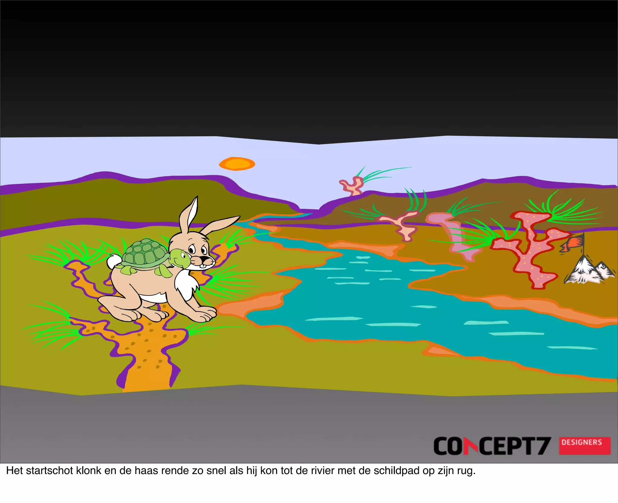Het startschot klonk en de haas rende zo snel als hij kon tot de rivier met de schildpad op zijn rug.
 