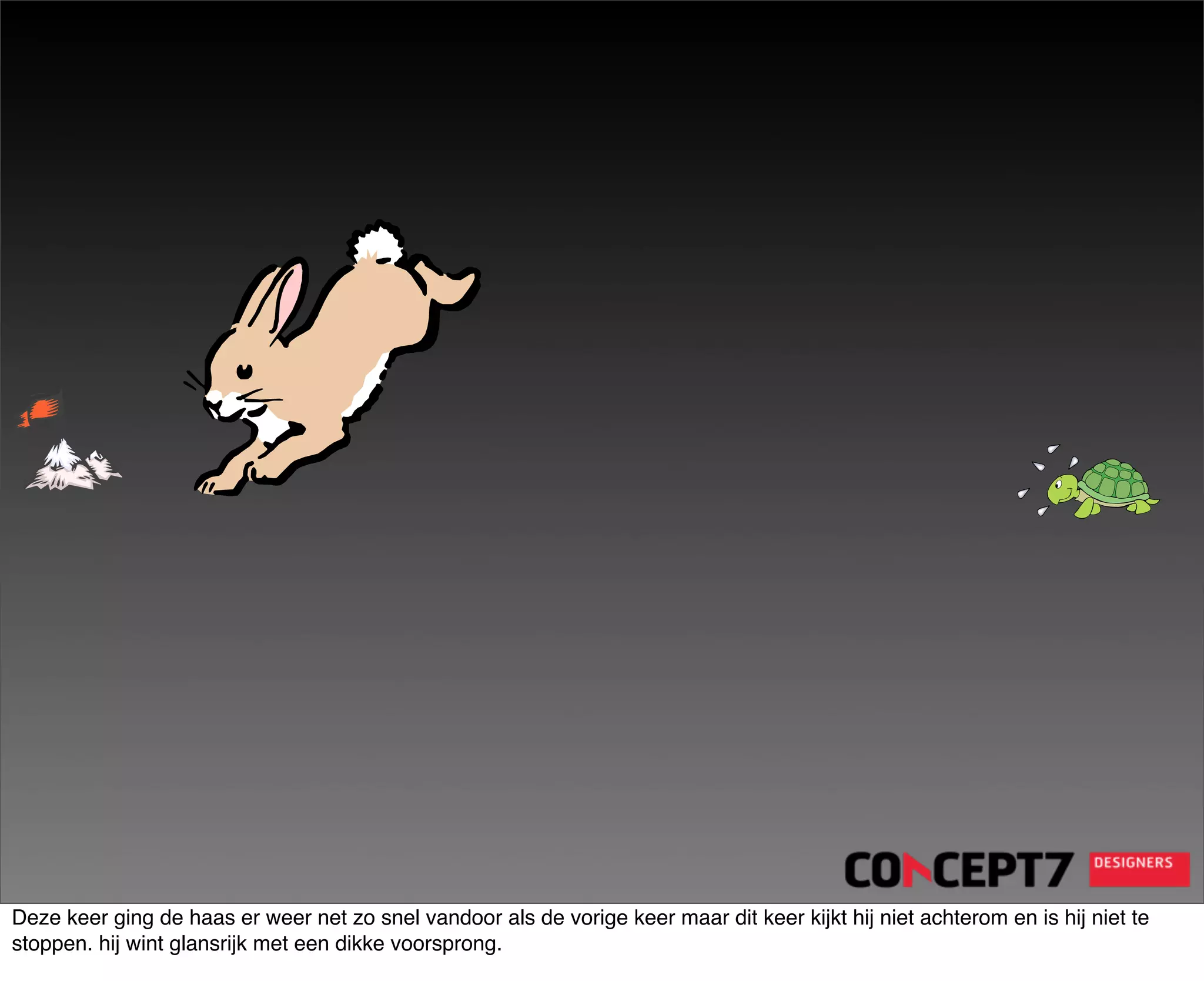 Deze keer ging de haas er weer net zo snel vandoor als de vorige keer maar dit keer kijkt hij niet achterom en is hij niet te
stoppen. hij wint glansrijk met een dikke voorsprong.
 