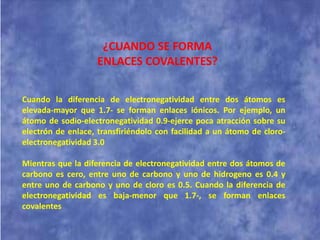 REPRESENTACION DE LOS ENLACES COVALENTESEnlace simple: es la unión resultante de compartir un par de electrones. Enlaces dobles o triples: Dos átomos pueden compartir también dos o tres  pares de electrones