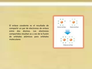 TEORIA DE LA ORBITA MOLECULAREsta teoría, considera que al formarse la molécula desaparecen los orbitales atómicos de todos los átomos y se produce una nueva serie de orbitales moleculares que pertenecen a la molécula y son controlados por todos los núcleos que forman parte de esta.Cuando los electrones del enlace se localizan entre los núcleos se forma un orbital molecular enlazante, cuando los electrones se localizan fuera de esa región se forma un orbital  molecular anti-enlazante