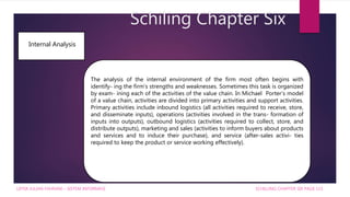 Schiling Chapter Six
SCHILLING CHAPTER SIX PAGE 115
Internal Analysis
LIFFIA JULIAN FAHRANI – SISTEM INFORMASI
The analysis of the internal environment of the firm most often begins with
identify- ing the firm’s strengths and weaknesses. Sometimes this task is organized
by exam- ining each of the activities of the value chain. In Michael Porter’s model
of a value chain, activities are divided into primary activities and support activities.
Primary activities include inbound logistics (all activities required to receive, store,
and disseminate inputs), operations (activities involved in the trans- formation of
inputs into outputs), outbound logistics (activities required to collect, store, and
distribute outputs), marketing and sales (activities to inform buyers about products
and services and to induce their purchase), and service (after-sales activi- ties
required to keep the product or service working effectively).
 