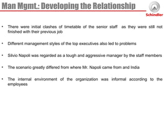 Man Mgmt.: Developing the Relationship There were initial clashes of timetable of the senior staff  as they were still not finished with their previous job Different management styles of the top executives also led to problems Silvio Napoli was regarded as a tough and aggressive manager by the staff members The scenario greatly differed from where Mr. Napoli came from and India The internal environment of the organization was informal according to the employees 