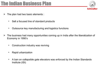 The Indian Business Plan The plan had two basic elements : Sell a focused line of standard products Outsource key manufacturing and logistics functions The business had many opportunities coming up in India after the liberalization of Economy in 1990’s Construction industry was reviving  Rapid urbanization A ban on collapsible gate elevators was enforced by the Indian Standards Institute (ISI) 