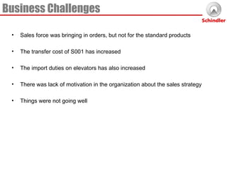 Business Challenges Sales force was bringing in orders, but not for the standard products The transfer cost of S001 has increased The import duties on elevators has also increased There was lack of motivation in the organization about the sales strategy Things were not going well 
