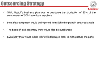 Outsourcing Strategy Silvio Napoli's business plan was to outsource the production of 90% of the components of S001 from local suppliers the safety equipment would be imported from Schindler plant in south-east Asia The basic on-site assembly work would also be outsourced Eventually they would install their own dedicated plant to manufacture the parts 