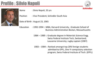 Name   : Silvio Napoli, 33 yrs Position   : Vice President, Schindler South Asia Date of Birth : August 23, 1965 Education  : 1992-1994 :: MBA, Harvard University , Graduate School of    Business Administration Bostan, Massachusetts   1984 – 1989 :: Graduate degree in Materials Science Engg.    Swiss Federal Institute Tech, Switzerland;  Lausanne University; rugby captain (1987)   1983 – 1984 :: Ranked amongst top 20% foreign students   admitted to EPFL, One Yr compulsory selection    program, Swiss Federal Institute of Tech. (EPFL)  Profile : Silvio Napoli 