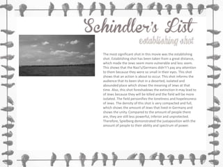 The most significant shot in this movie was the establishing
shot. Establishing shot has been taken from a great distance,
which made the Jews seem more vulnerable and less seem.
This shows that the Nazi’s/Germans didn't’t pay any attention
to them because they were so small in their eyes. This shot
shows that an action is about to occur. This shot informs the
audience that its been shot in a deserted, isolated and
abounded place which shows the meaning of Jews at that
time. Also, this shot foreshadows the extinction it may lead to
of Jews because they will be killed and the field will be more
isolated. The field personifies the loneliness and hopelessness
of Jews. The density of this shot is very compacted and full,
which shows the amount of Jews that lived in Germany and
shows the unity. Compared to the amount of people there
are, they are still less powerful, inferior and unprotected.
Therefore, Spielberg demonstrated the juxtaposition with the
amount of people to their ability and spectrum of power.

 