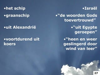 het schip graanschip uit Alexandrië voortdurend uit koers Israël “ de woorden Gods toevertrouwd”  “ uit Egypte geroepen” “ heen en weer geslingerd door wind van leer” 27 