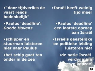 “ door tijdverlies de vaart reeds bedenkelijk” Paulus ‘deadline’: Goede Havens schipper en stuurman luisteren niet naar Paulus het schip gaat ten onder in de zee Israël heeft weinig tijd meer Paulus ‘deadline’ een laatste oproep aan Israël Israëls geestelijke en politieke leiding luisteren niet de natie Israël  verdwijnt in volkenzee  28 
