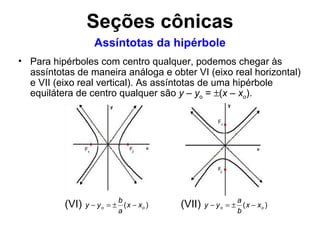 Para hipérboles com centro qualquer, podemos chegar às assíntotas de maneira análoga e obter VI (eixo real horizontal) e VII (eixo real vertical). A s assíntotas de uma hipérbole equilátera de centro qualquer são  y  –  y o  =   ( x  –  x o ).  Assíntotas da hipérbole Seções cônicas 