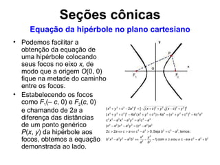 Podemos facilitar a obtenção da equação de uma hipérbole colocando seus focos no eixo  x,  de modo que a origem  O (0, 0) fique na metade do caminho entre os focos. Estabelecendo os focos como  F 1 (–  c , 0) e  F 2 ( c , 0)  e chamando de 2 a  a diferença das distâncias  de um ponto genérico  P ( x ,  y ) da hipérbole aos focos, obtemos a equação demonstrada ao lado. Equação da hipérbole no plano cartesiano Seções cônicas 