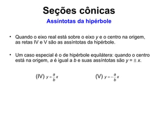 Quando o eixo real está sobre o eixo  y  e o centro na origem, as retas IV e V são as assíntotas da hipérbole. Um caso especial é o de hipérbole equilátera:  quando o centro está na origem,   a  é igual a  b  e suas assíntotas são  y  =     x . Assíntotas da hipérbole Seções cônicas 