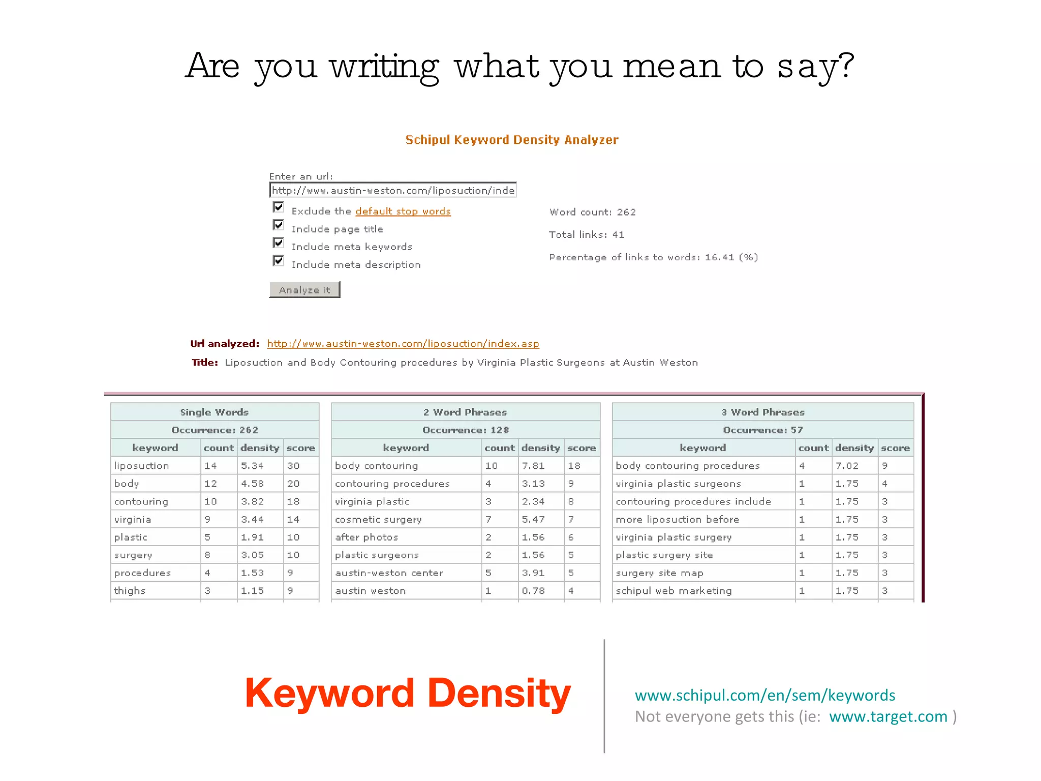 Keyword Density www.schipul.com/en/sem/keywords   Not everyone gets this (ie:  www.target.com  ) Are you writing what you mean to say? 