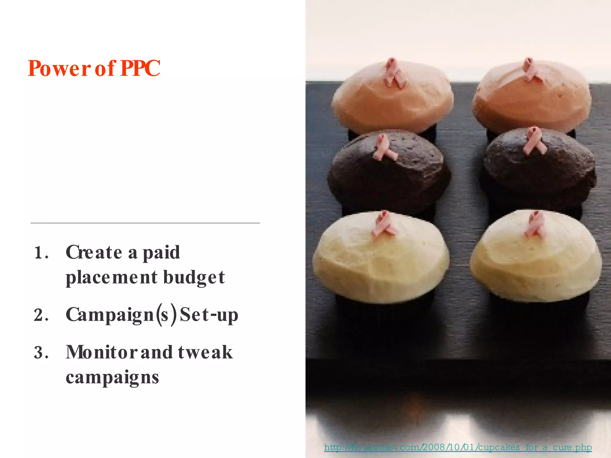 Create a paid placement budget Campaign(s) Set-up Monitor and tweak campaigns Power of PPC http://houstonist.com/2008/10/01/cupcakes_for_a_cure.php 