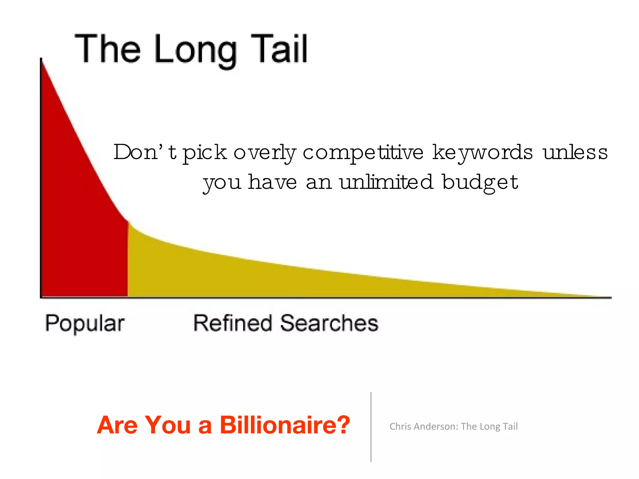 Are You a Billionaire? Chris Anderson: The Long Tail Don’t pick overly competitive keywords unless you have an unlimited budget 