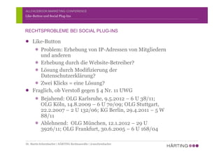 ALLFACEBOOK MARKETING CONFERENCE
Like-Button
Problem: Erhebung von IP-Adressen von Mitgliedern
und anderen
Erhebung durch die Website-Betreiber?
Lösung durch Modifizierung der
Datenschutzerklärung?
Zwei Klicks = eine Lösung?
Fraglich, ob Verstoß gegen § 4 Nr. 11 UWG
Bejahend: OLG Karlsruhe, 9.5.2012 – 6 U 38/11;
OLG Köln, 14.8.2009 – 6 U 70/09; OLG Stuttgart,
22.2.2007 – 2 U 132/06; KG Berlin, 29.4.2011 – 5 W
88/11
Ablehnend: OLG München, 12.1.2012 – 29 U
3926/11; OLG Frankfurt, 30.6.2005 – 6 U 168/04
Like-Button und Social Plug-Ins
RECHTSPROBLEME BEI SOCIAL PLUG-INS
Dr. Martin Schirmbacher | HÄRTING Rechtsanwälte | @mschirmbacher
 