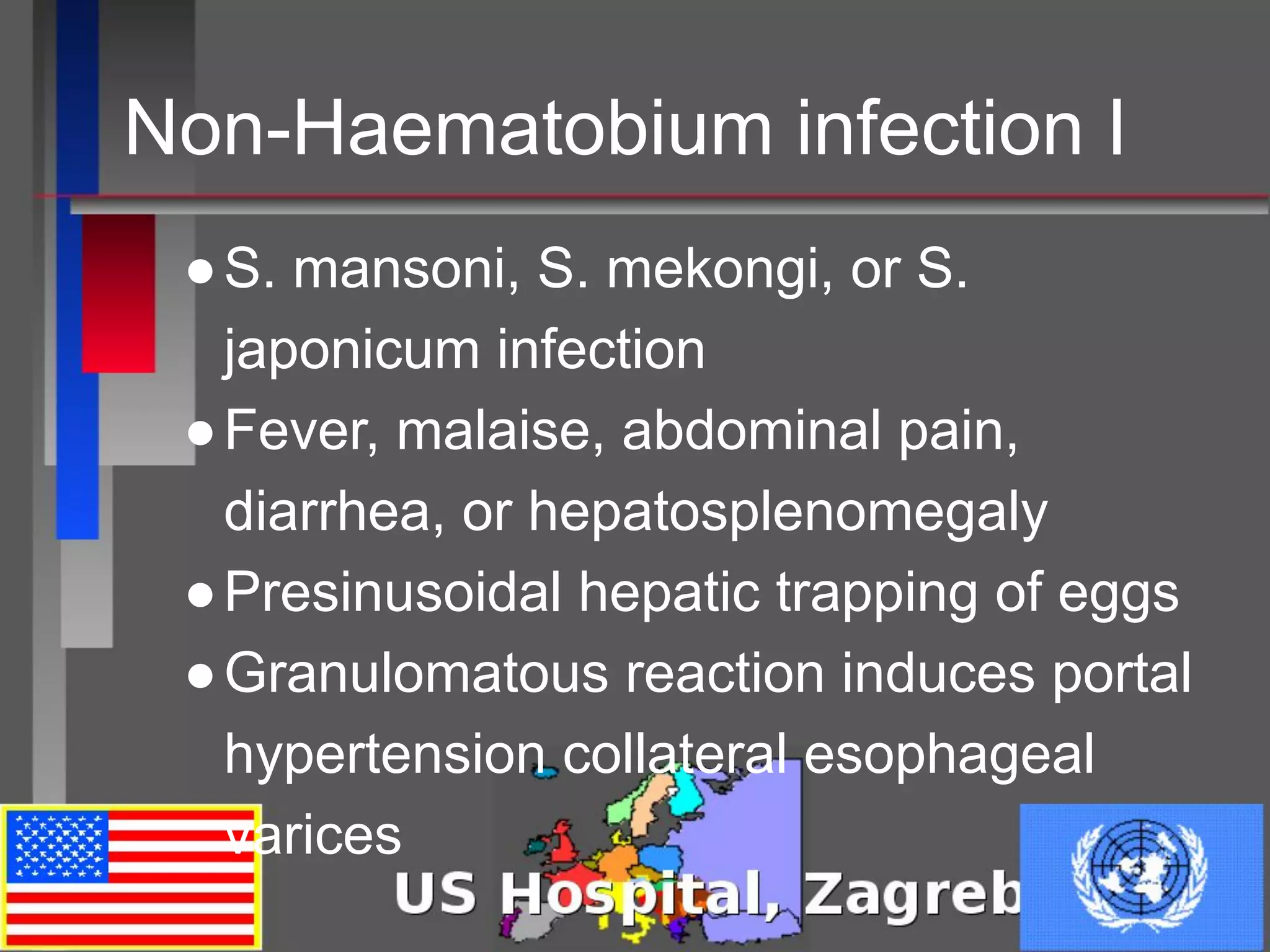 Non-Haematobium infection I
●S. mansoni, S. mekongi, or S.
japonicum infection
●Fever, malaise, abdominal pain,
diarrhea, or hepatosplenomegaly
●Presinusoidal hepatic trapping of eggs
●Granulomatous reaction induces portal
hypertension collateral esophageal
varices
 