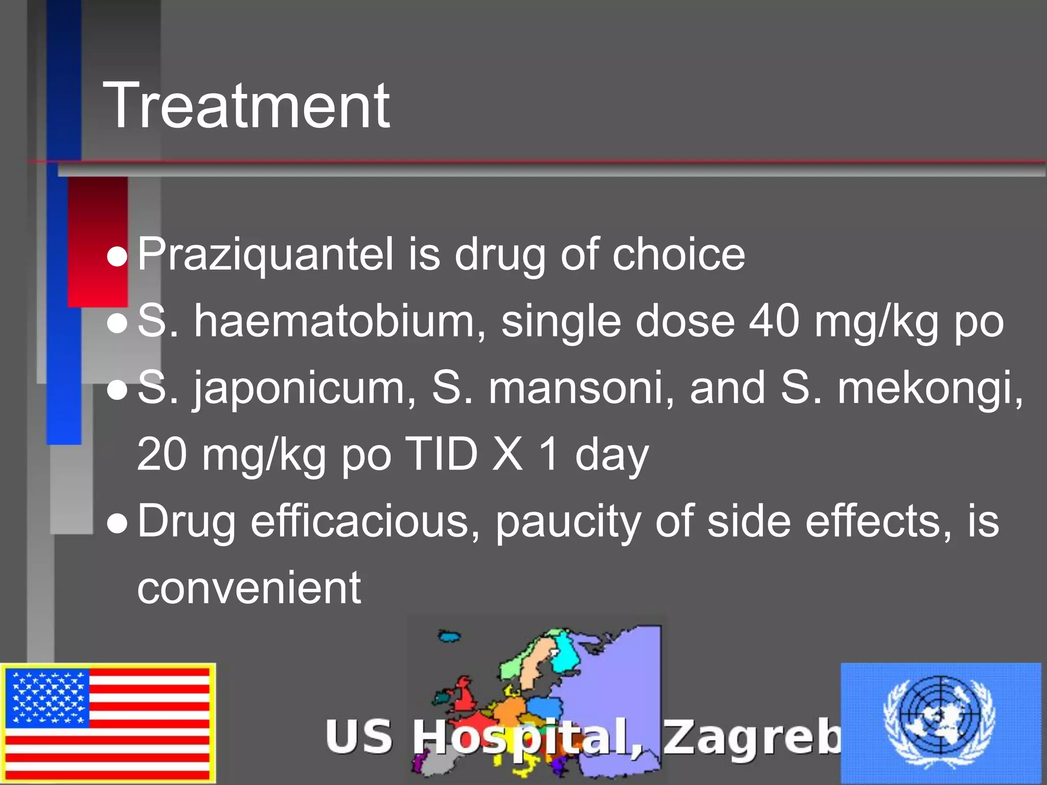 Treatment
●Praziquantel is drug of choice
●S. haematobium, single dose 40 mg/kg po
●S. japonicum, S. mansoni, and S. mekongi,
20 mg/kg po TID X 1 day
●Drug efficacious, paucity of side effects, is
convenient
 