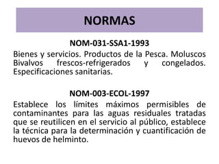 NORMAS
                NOM-031-SSA1-1993
Bienes y servicios. Productos de la Pesca. Moluscos
Bivalvos frescos-refrigerados y congelados.
Especificaciones sanitarias.

                NOM-003-ECOL-1997
Establece los límites máximos permisibles de
contaminantes para las aguas residuales tratadas
que se reutilicen en el servicio al público, establece
la técnica para la determinación y cuantificación de
huevos de helminto.
 