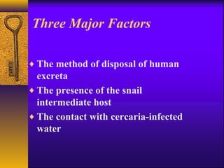 Three Major Factors
♦ The method of disposal of human
excreta
♦ The presence of the snail
intermediate host
♦ The contact with cercaria-infected
water
 
