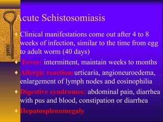 Acute Schistosomiasis
♦ Clinical manifestations come out after 4 to 8
weeks of infection, similar to the time from egg
to adult worm (40 days)
♦ Fever: intermittent, maintain weeks to months
♦ Allergic reaction:urticaria, angioneuroedema,
enlargement of lymph nodes and eosinophilia
♦ Digestive syndromes: abdominal pain, diarrhea
with pus and blood, constipation or diarrhea
♦ Hepatosplenomegaly
 