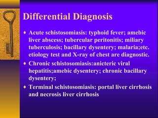 Differential Diagnosis
♦ Acute schistosomiasis: typhoid fever; amebic
liver abscess; tubercular peritonitis; miliary
tuberculosis; bacillary dysentery; malaria;etc.
etiology test and X-ray of chest are diagnostic.
♦ Chronic schistosomiasis:anicteric viral
hepatitis;amebic dysentery; chronic bacillary
dysentery;
♦ Terminal schistosomiasis: portal liver cirrhosis
and necrosis liver cirrhosis
 
