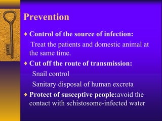 Prevention
♦ Control of the source of infection:
Treat the patients and domestic animal at
the same time.
♦ Cut off the route of transmission:
Snail control
Sanitary disposal of human excreta
♦ Protect of susceptive people:avoid the
contact with schistosome-infected water
 