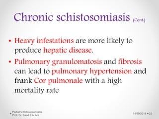 Chronic schistosomiasis (Cont.)
• Heavy infestations are more likely to
produce hepatic disease.
• Pulmonary granulomatosis and fibrosis
can lead to pulmonary hypertension and
frank Cor pulmonale with a high
mortality rate
14/10/2018
Pediatric Schistosomiasis
Prof. Dr. Saad S Al Ani
25
 
