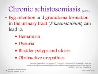 Chronic schistosomiasis (Cont.)
• Egg retention and granuloma formation
in the urinary tract (S haematobium) can
lead to:
 Hematuria
 Dysuria
 Bladder polyps and ulcers
 Obstructive uropathies.
14/10/2018
Pediatric Schistosomiasis
Prof. Dr. Saad S Al Ani
26
Nmorsi O, Ukwandu N, Egwungenya O, Obhiemi N. Evaluation of CD4(+)/CD8(+) status and
urinary tract infections associated with urinary schistosomiasis among some rural Nigerians. Afr
Health Sci. 2005 Jun. 5(2):126-30
 