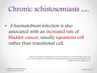 Chronic schistosomiasis (Cont.)
• S haematobium infection is also
associated with an increased rate of
bladder cancer, usually squamous cell
rather than transitional cell.
14/10/2018
Pediatric Schistosomiasis
Prof. Dr. Saad S Al Ani
27
Nmorsi O, Ukwandu N, Egwungenya O, Obhiemi N. Evaluation of CD4(+)/CD8(+) status and
urinary tract infections associated with urinary schistosomiasis among some rural Nigerians. Afr
Health Sci. 2005 Jun. 5(2):126-30
 