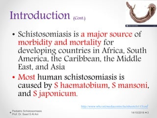 Introduction (Cont.)
• Schistosomiasis is a major source of
morbidity and mortality for
developing countries in Africa, South
America, the Caribbean, the Middle
East, and Asia
• Most human schistosomiasis is
caused by S haematobium, S mansoni,
and S japonicum.
14/10/2018
Pediatric Schistosomiasis
Prof. Dr. Saad S Al Ani
3
http://www.who.int/mediacentre/factsheets/fs115/en/
 