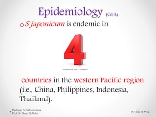 Epidemiology (Cont.)
oS japonicum is endemic in
countries in the western Pacific region
(i.e., China, Philippines, Indonesia,
Thailand).
14/10/2018
Pediatric Schistosomiasis
Prof. Dr. Saad S Al Ani
42
 