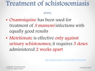 Treatment of schistosomiasis
(Cont.)
• Oxamniquine has been used for
treatment of S mansoni infections with
equally good results
• Metrifonate is effective only against
urinary schistosomes; it requires 3 doses
administered 2 weeks apart
14/10/2018
Pediatric Schistosomiasis
Prof. Dr. Saad S Al Ani
59
https://emedicine.medscape.com/article/999469-treatment#d8
 