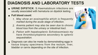 DIAGNOSIS AND LABORATORY TESTS
■ URINE DIPSTICK: S.Haematobium infections are
usually associated with hematuria on dipstick testing.
■ Full blood count:
1. May show an eosinophilia which is frequently
marked during the acute stage of infection.
2. Anemia patient may also be seen due to chronic
blood loss from the urinary or intestinal tract.
3. Pation with hepatosplenic Schistosomiasis my
have thrombocytopenia secondary to splenic
sequestration.
■ Diagnosis can also be made by demonstrating eggs in
tissue biopsy specimens from the rectum, liver,
bladder or cervix depending on the site of infection.
 