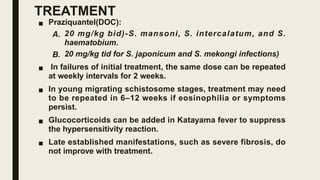 TREATMENT
■ Praziquantel(DOC):
A. 20 mg/kg bid)-S. mansoni, S. intercalatum, and S.
haematobium.
B. 20 mg/kg tid for S. japonicum and S. mekongi infections)
■ In failures of initial treatment, the same dose can be repeated
at weekly intervals for 2 weeks.
■ In young migrating schistosome stages, treatment may need
to be repeated in 6–12 weeks if eosinophilia or symptoms
persist.
■ Glucocorticoids can be added in Katayama fever to suppress
the hypersensitivity reaction.
■ Late established manifestations, such as severe fibrosis, do
not improve with treatment.
 