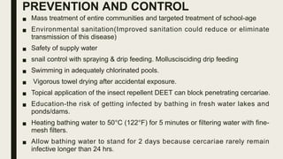 PREVENTION AND CONTROL
■ Mass treatment of entire communities and targeted treatment of school-age
■ Environmental sanitation(Improved sanitation could reduce or eliminate
transmission of this disease)
■ Safety of supply water
■ snail control with spraying & drip feeding. Molluscisciding drip feeding
■ Swimming in adequately chlorinated pools.
■ Vigorous towel drying after accidental exposure.
■ Topical application of the insect repellent DEET can block penetrating cercariae.
■ Education-the risk of getting infected by bathing in fresh water lakes and
ponds/dams.
■ Heating bathing water to 50°C (122°F) for 5 minutes or filtering water with fine-
mesh filters.
■ Allow bathing water to stand for 2 days because cercariae rarely remain
infective longer than 24 hrs.
 