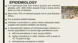 EPIDEMIOLOGY
■ It is estimated that 230 million people are infected
globally, with ~800 million people living in areas where
there is a risk of infection.
■ More than 70% of infected people live in sub-Saharan
Africa.
■ It is a poverty-related disease.
■ Infection is prevalent in areas where adequate water
supplies and sanitary facilities are lacking.
■ A characteristic feature of schistosomiasis infection in
human populations is a convex age–prevalence curve:
A. with low prevalence in very young children
B. higher prevalence in older children with a peak at
10–15 years of age
C. and declining prevalence in adults.
 