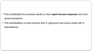  Prior sensitization to cercariae results in more rapid immune response and more
severe symptoms.
 This manifestation is most common with S. japonicum and occurs rarely with S.
haematobium.
 