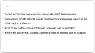 Other
 Genital involvement can also occur, especially with S. haematobium.
 Symptoms in female patients include hypertrophic and ulcerative lesions of the
vulva, vagina, and cervix.
 Involvement on the ovaries or fallopian tubes can lead to infertility.
 In men, the epididymis, testicles, spermatic chord or prostate can be involved.
 